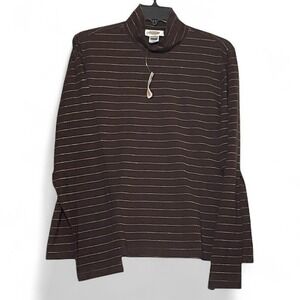 NWT Talbots Mock Neck XL Brown Striped LS Top Pima Cotton &‎ Spandex Blend
